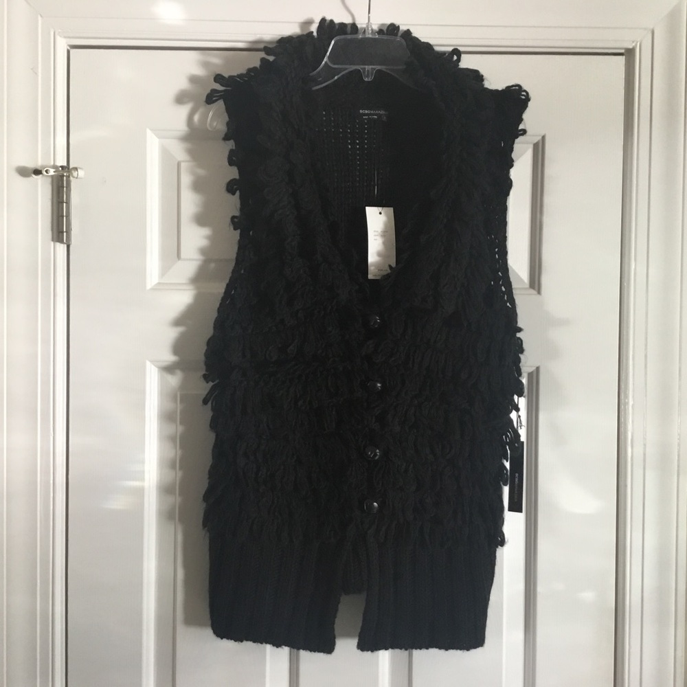 NWT $170 BCBGMAXAZRIA black fuzzy sweater vest L